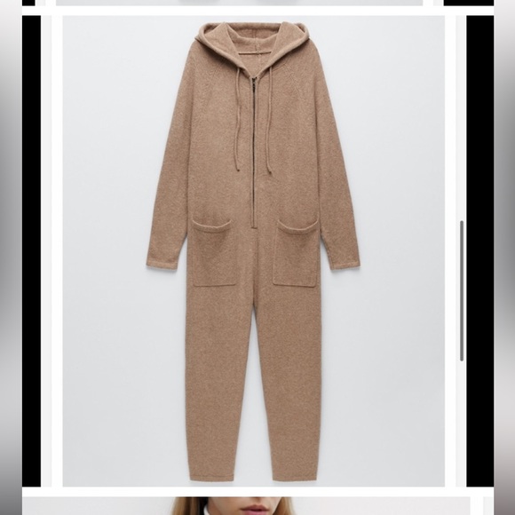 Zara Knit Camel Zip-Up Hooded Jumpsuit - Picture 4 of 8